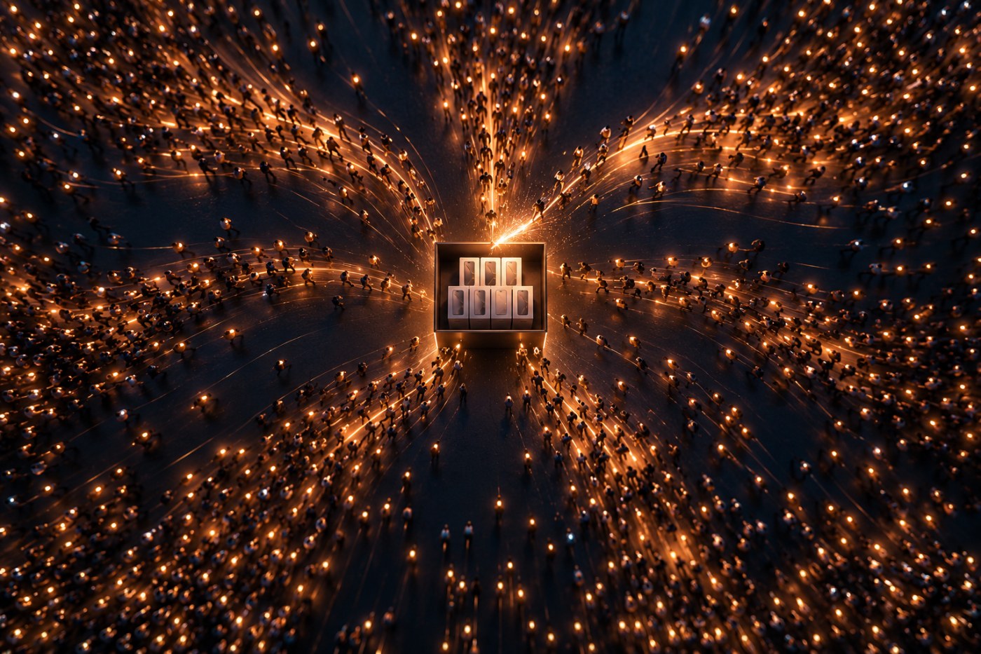 Thousands of glowing buy requests streaming toward one small crate of phones