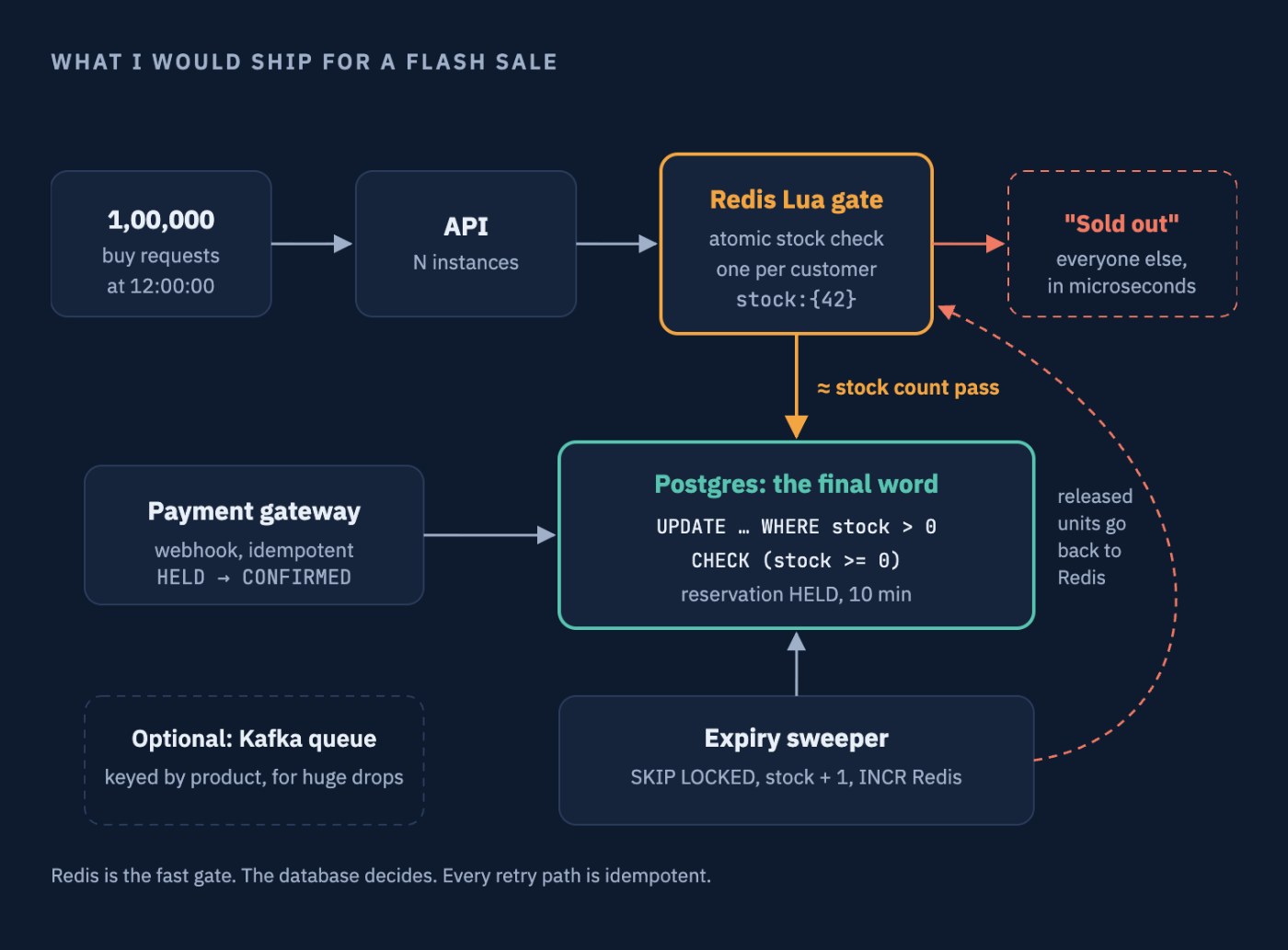 Architecture: a Redis Lua gate in front of Postgres, with reservations, an idempotent payment webhook and an expiry sweeper