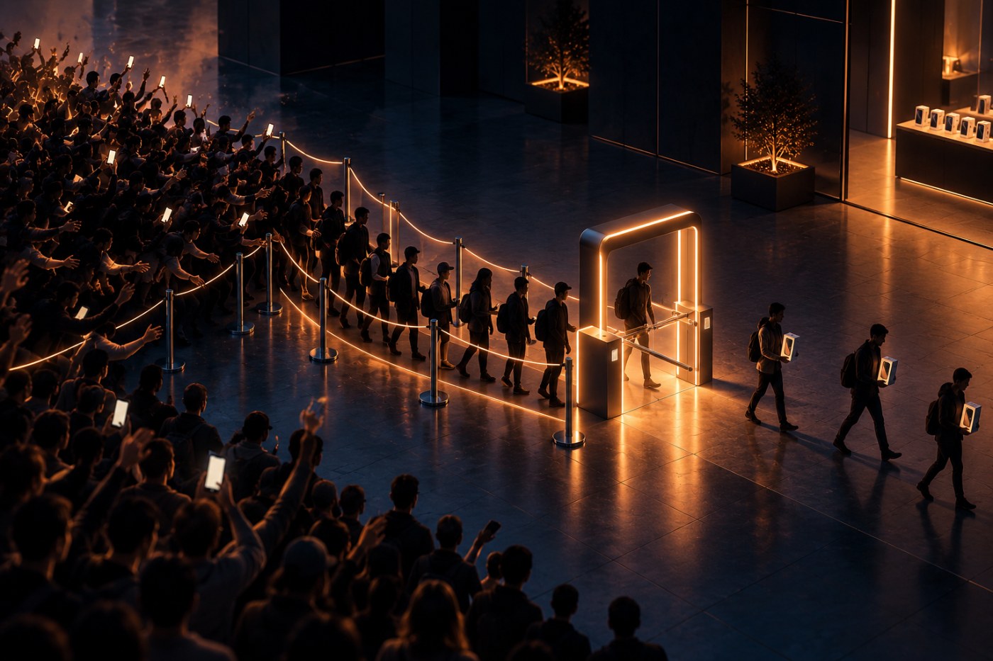 A crowd funnelling into a single-file line through one turnstile, first come first served