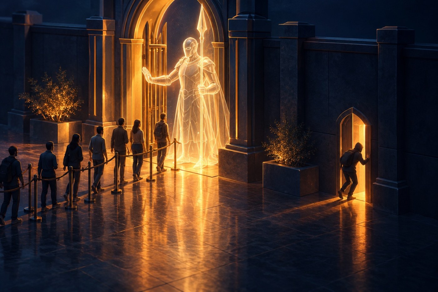 A glowing gatekeeper checks the queue at the front door while one figure slips through an unguarded side door