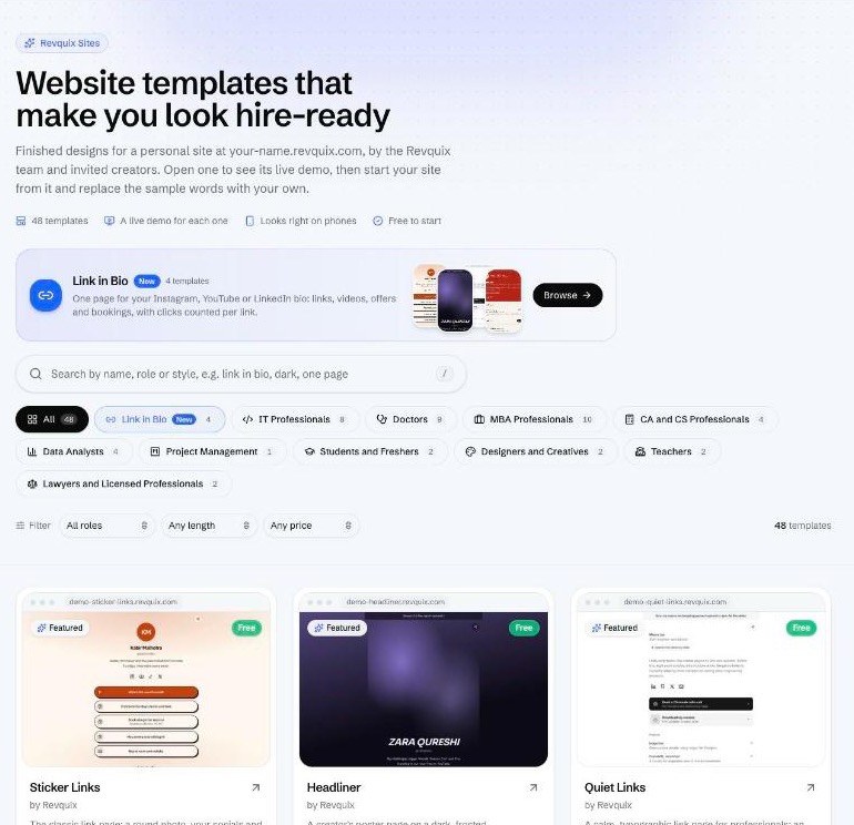 The Revquix Sites template gallery with 48 templates across 11 fields