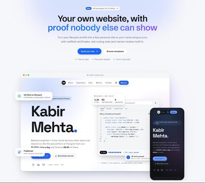 Revquix Sites landing page: your own website, with proof nobody else can show